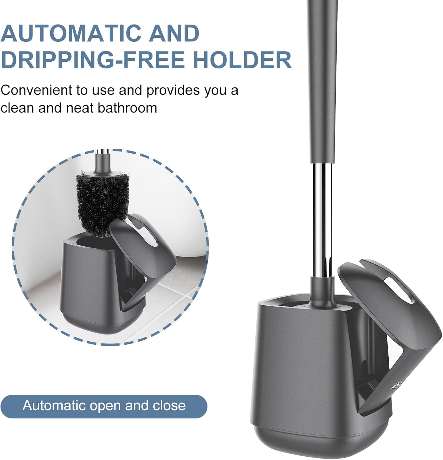 SetSail Toilet Brush and Holder, Self Closing Lid Toilet Bowl Brushes Holder and Extra Long Handle Ventilated Toilet Brush Set for Bathroom Cleaning, Nylon Bristles, Grey