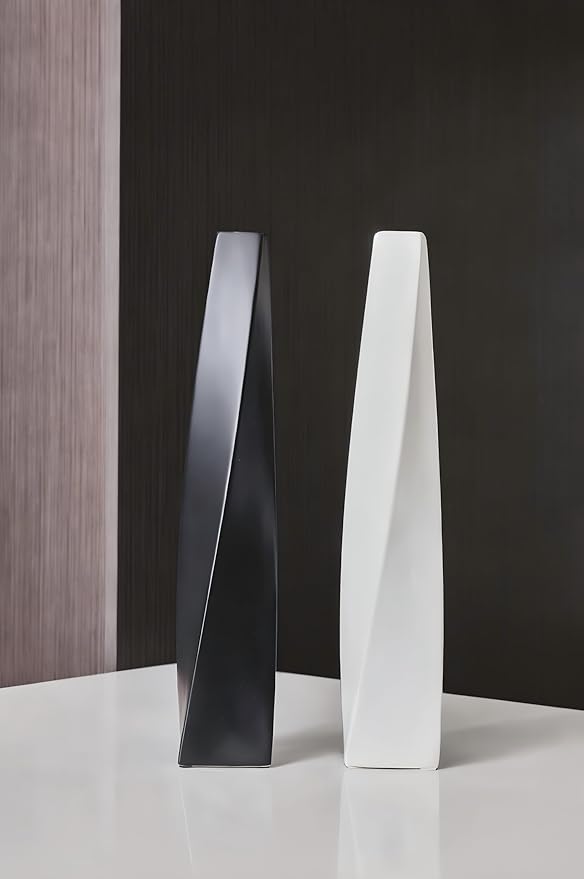 White Ceramic Vase 13.5" Modern Minimalist with Rotating Geometric Design, Slim Dried Flower Centerpiece for Home Office, Living Room, Dining Room, Entryway Decoration