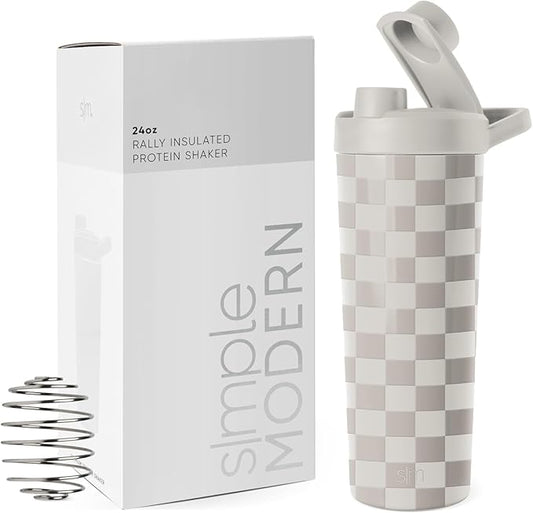 Simple Modern Stainless Steel Shaker Bottle with Ball 24oz | Metal Insulated Cup for Protein Mixes, Shakes and Pre Workout | Rally Collection | Checkmate