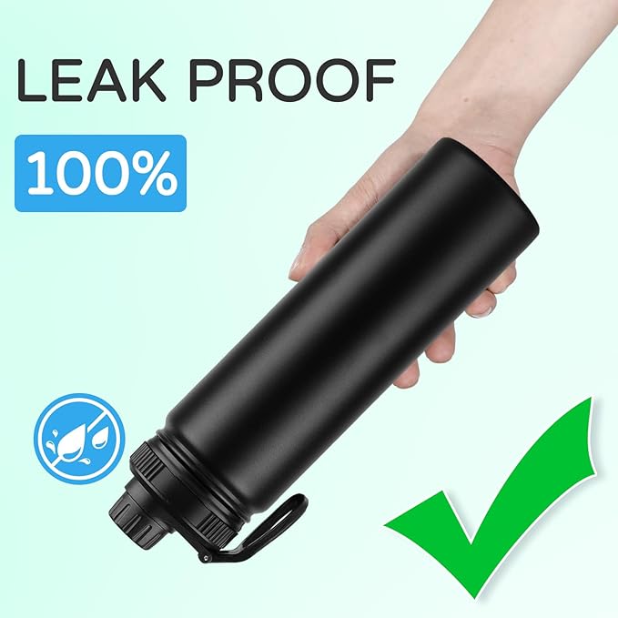 DOMICARE Insulated Water Bottle, 22 oz Vacuum Insulated Stainless Steel Reusable Sports Bottle with Straw Lid & Spout Lid for Travel, Camping, Bike, Leakproof, Black, 4 Pack