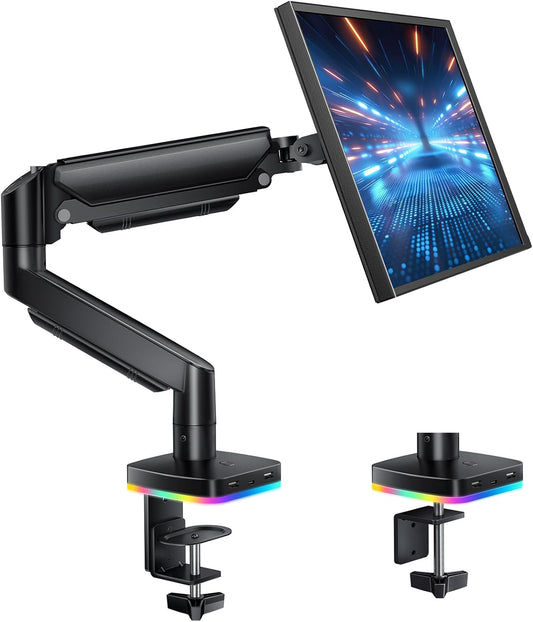 RGB Single Monitor Stand, Gas Spring Monitor Arm with 3 USB Ports, Charging and USB Data Transfer Function, Desk Mount for 13"-32" Monitors up to 17.6lbs, Adjustable Height, Tilt, Swivel, Rotate