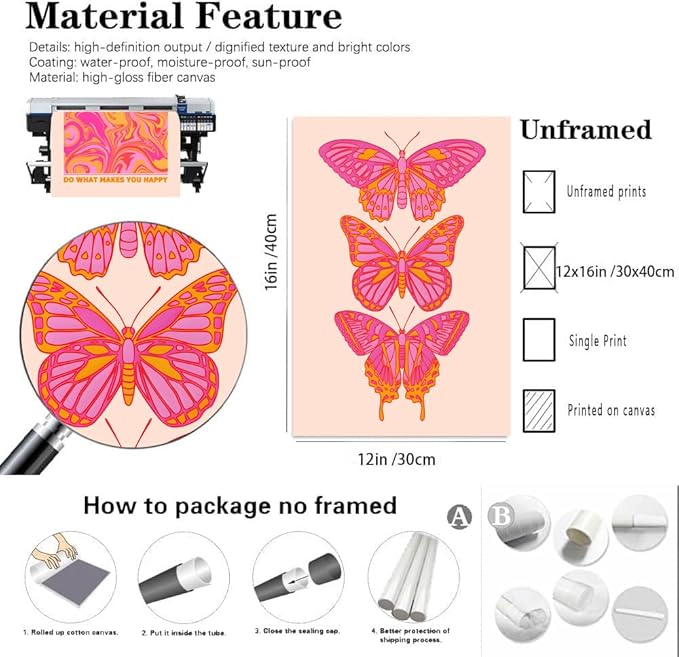 Hwetui Butterfly Wall Art Poster Set of 3 - Pink Orange Preppy Wall Decor Pictures, Daily Gratitude Paintings Prints Aesthetic Home Decor for Girls Bedroom Dorm Apartment 12x16 inch Unframed