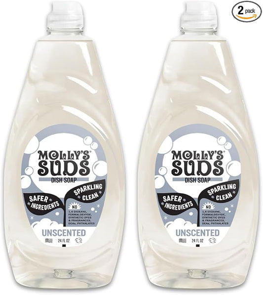 Molly's Suds Liquid Dish Soap | Clean, Simple Ingredients | Extra Scrubbing Power | Unscented, 24 oz - 2 Pack