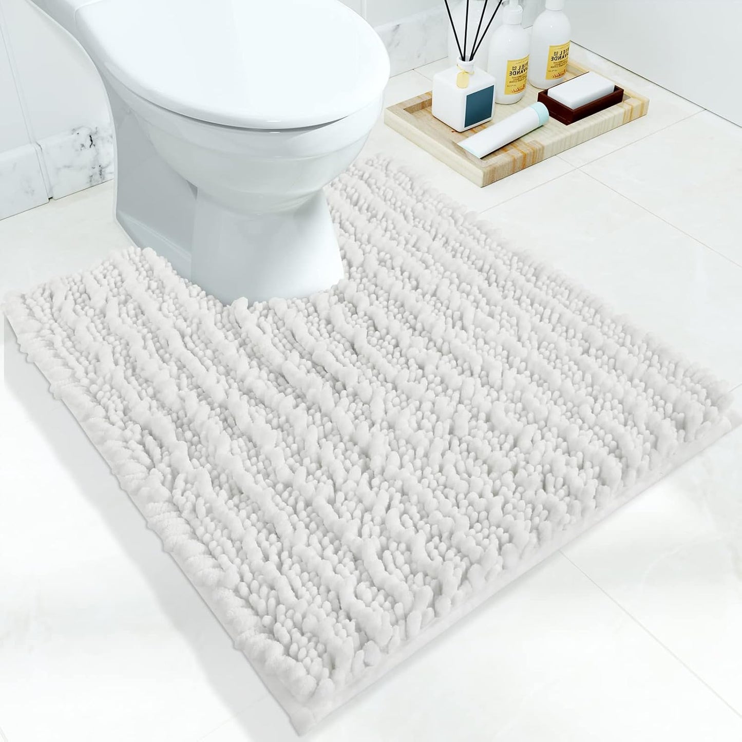 Yimobra Toilet Rugs U Shaped 24x20, Soft Comfortable Absorbent Chenille Toilet Mat for Bathroom Floor, Non-Slip Contour Bathroom Rugs for Toilet, Dry Quickly Machine Washable, White