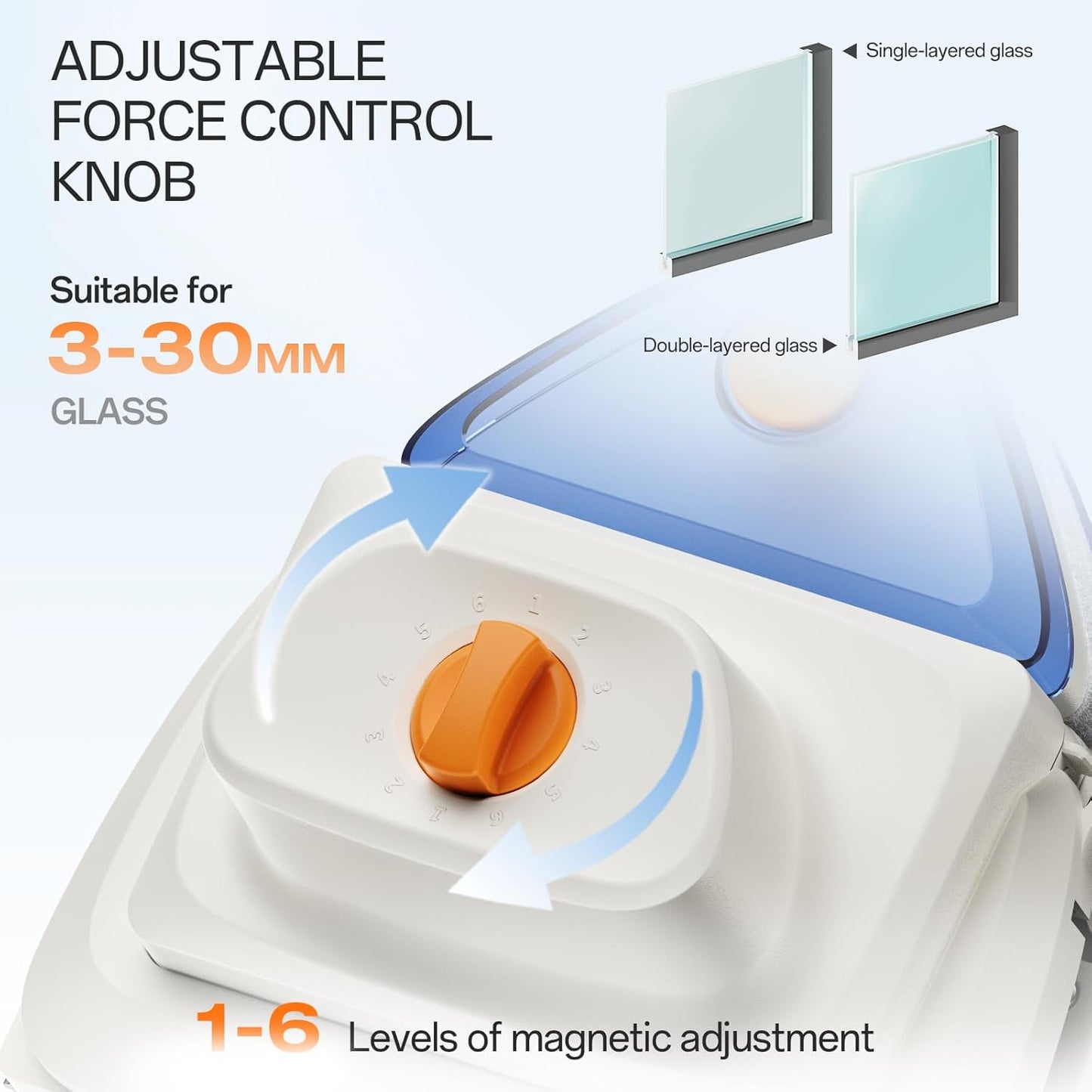 3-Segment Detachable Magnetic Window Cleaner, Double-Sided Glass Wiper for 0.1"-1.2" (3-30mm) Single/Double Glazing, 6-Files Adjustable Tool with Water Filled for High-Rise and Various Glass Sizes