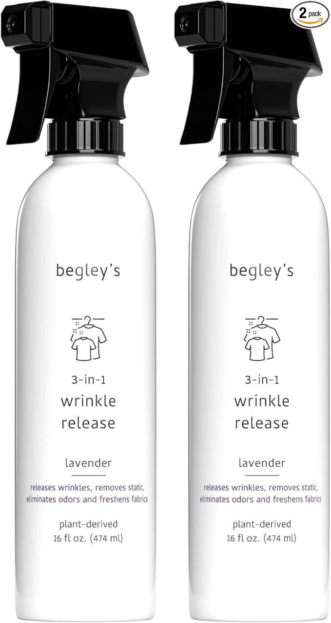 Begley's 3-in-1 Wrinkle Remover, Quick Fix Wrinkle Release, Static Cling Remover, Odor Eliminator and Fabric Refresher Spray - Plant-Derived, USDA Certified Biobased - Lavender, 16 oz, 2 Pack