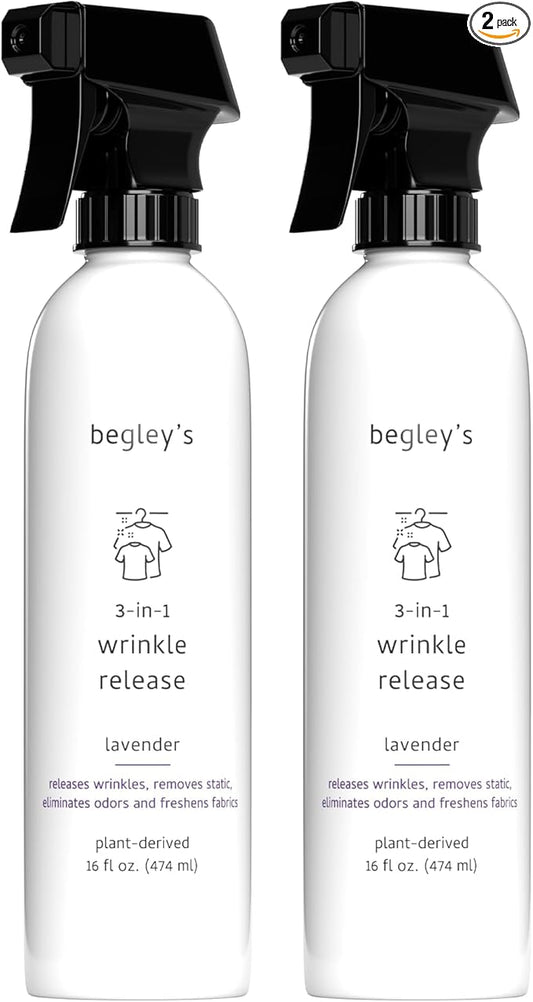 Begley's 3-in-1 Wrinkle Remover, Quick Fix Wrinkle Release, Static Cling Remover, Odor Eliminator and Fabric Refresher Spray - Plant-Derived, USDA Certified Biobased - Lavender, 16 oz, 2 Pack