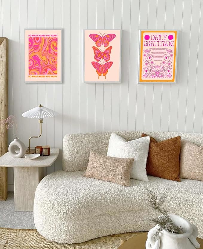 Hwetui Butterfly Wall Art Poster Set of 3 - Pink Orange Preppy Wall Decor Pictures, Daily Gratitude Paintings Prints Aesthetic Home Decor for Girls Bedroom Dorm Apartment 12x16 inch Unframed