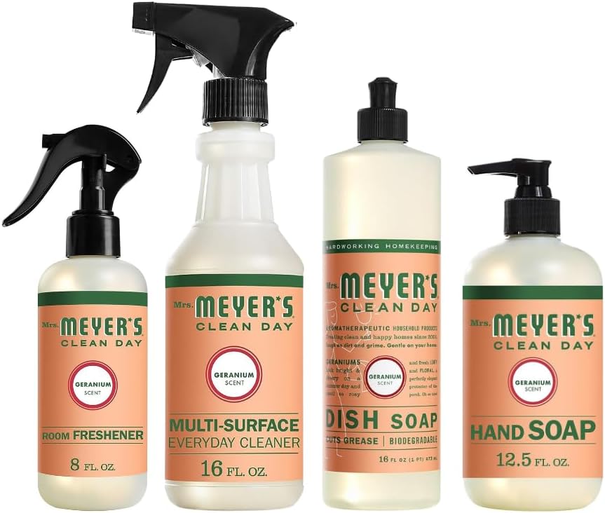 Mrs. MEYER'S Clean Day Geranium Scent Variety, 1 Room Freshener 8 OZ, 1 Liquid Dish Soap 16 OZ, 1 Liquid Hand Soap 12.5 OZ, 1 Multi-surface Cleaner 16 OZ, Geranium, 1 CT