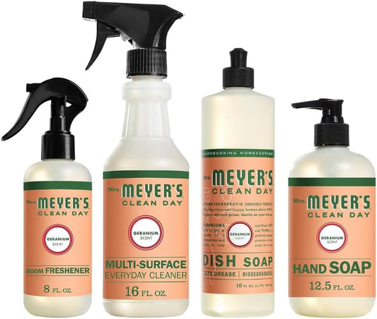 Mrs. MEYER'S Clean Day Geranium Scent Variety, 1 Room Freshener 8 OZ, 1 Liquid Dish Soap 16 OZ, 1 Liquid Hand Soap 12.5 OZ, 1 Multi-surface Cleaner 16 OZ, Geranium, 1 CT