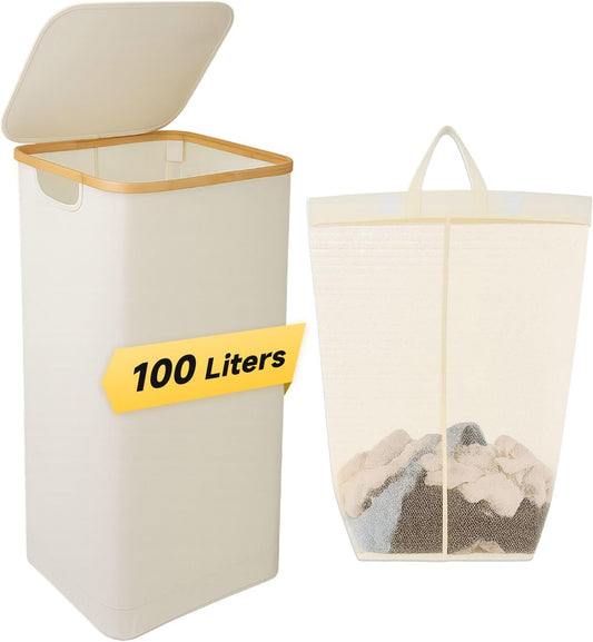 100L Extra Large Foldable Laundry Hamper with Lid - Dirty Clothing Hamper & Collapsible Basket, Portable Clothes Organizer for Home, Travel, Bathroom & Laundry Room, Beige
