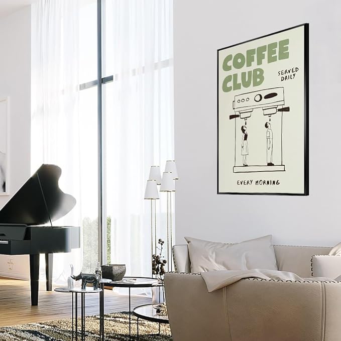 Funny Coffee Club Canvas Print Poster Served Daily Every Morning Sign Wall Art Minimalist Kitchen Whimsical Painting Home Decor Aesthetic Pictures for Cafe Bar 20x30inch Metal Black Frame