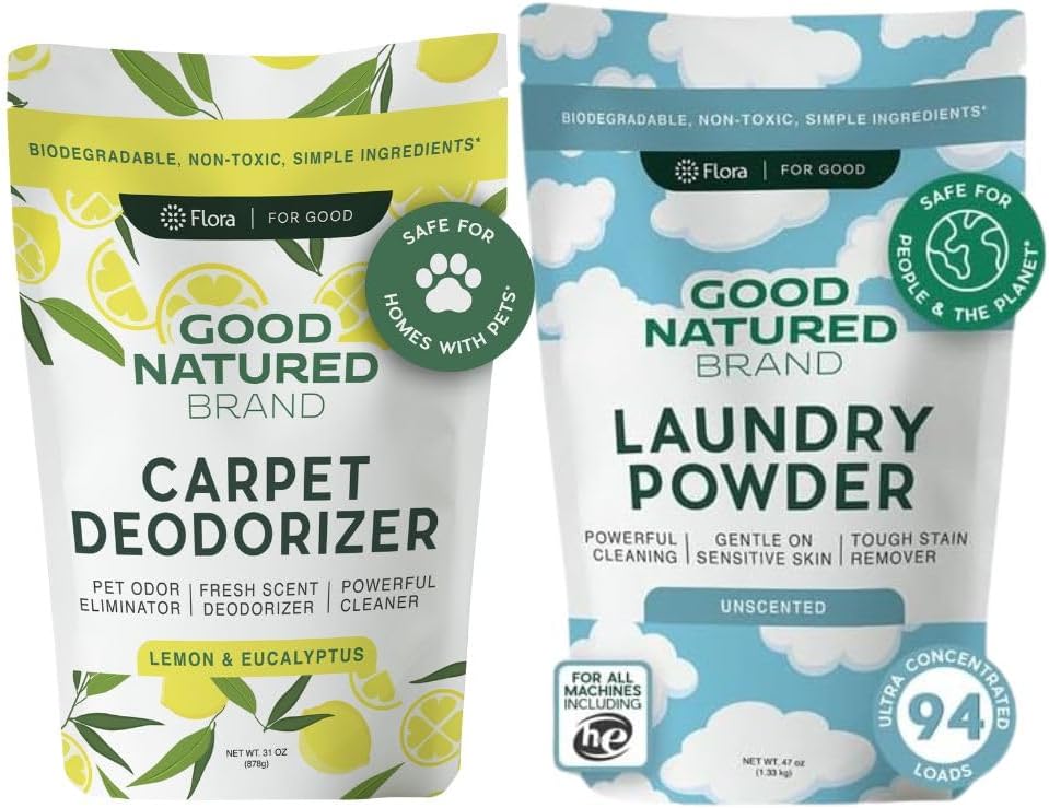 Good Natured Brand | Laundry Bundle | Carpet Freshener Lemon & Eucalyptus 31oz | Pet-Friendly Carpet Deodorizer | Laundry Powder Unscented 47oz | Hypoallergenic Laundry Powder 94 Loads