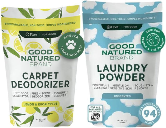 Good Natured Brand | Laundry Bundle | Carpet Freshener Lemon & Eucalyptus 31oz | Pet-Friendly Carpet Deodorizer | Laundry Powder Unscented 47oz | Hypoallergenic Laundry Powder 94 Loads