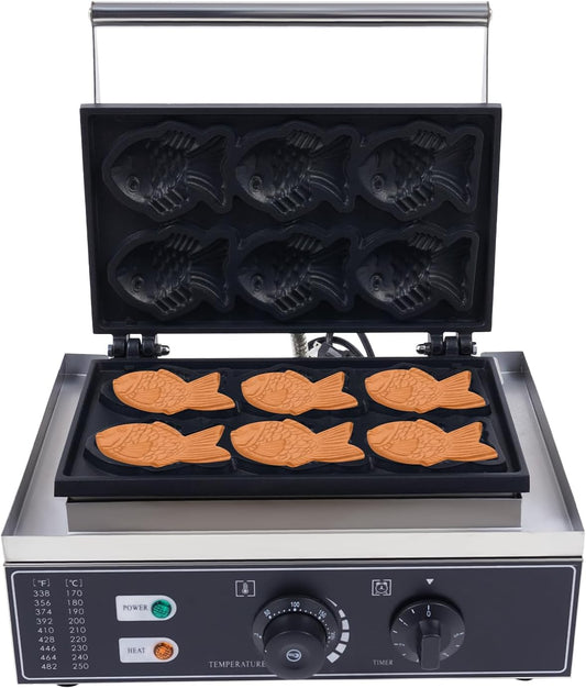 Commercial Taiyaki fish Waffle Maker, 6 Mold Electric Japanese Fish Waffle Baking Machine Electric Cake Waffle Maker w/Clip and Stirrer Non-stick Baking Tray,