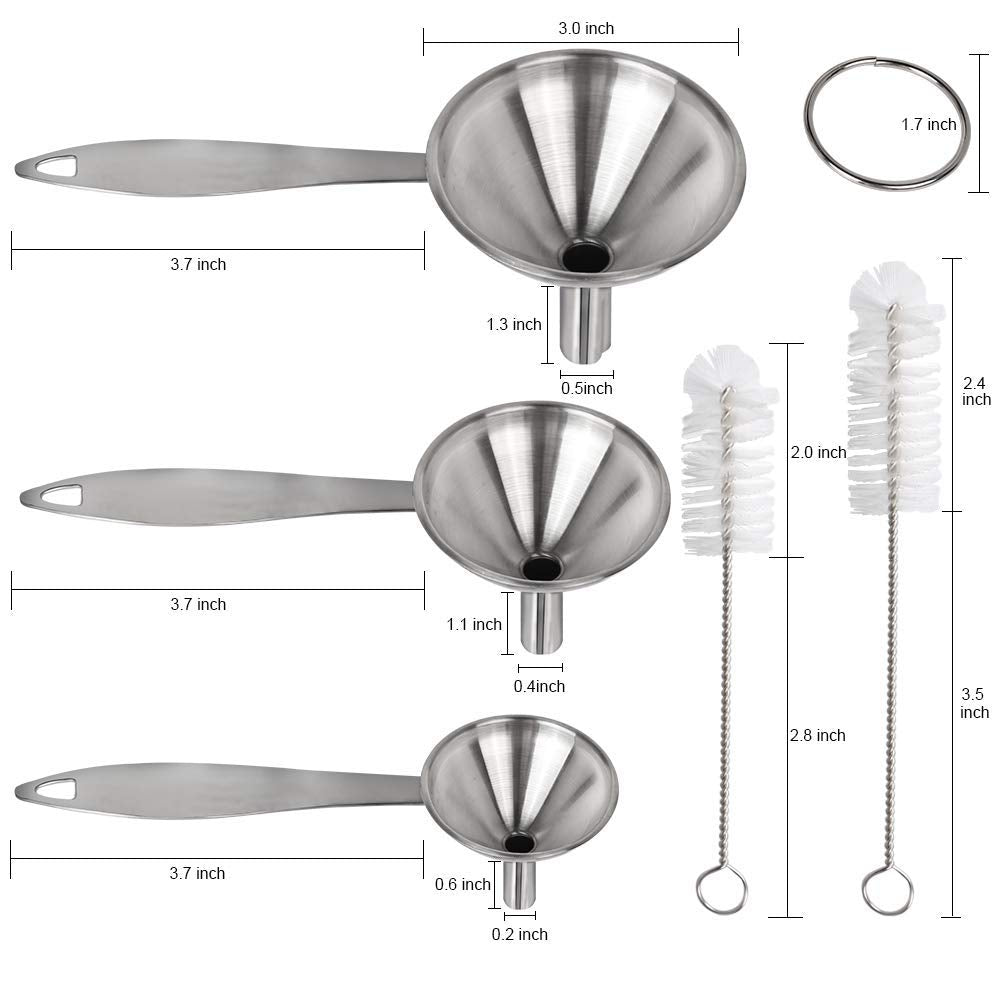 YGDZ Kitchen Funnel for Filling Bottles, 3pcs Metal Stainless Steel Small Mini Funnels for Essential Oils Liquid, Long Handle Funnel Set, 2pcs Cleaning Brushes