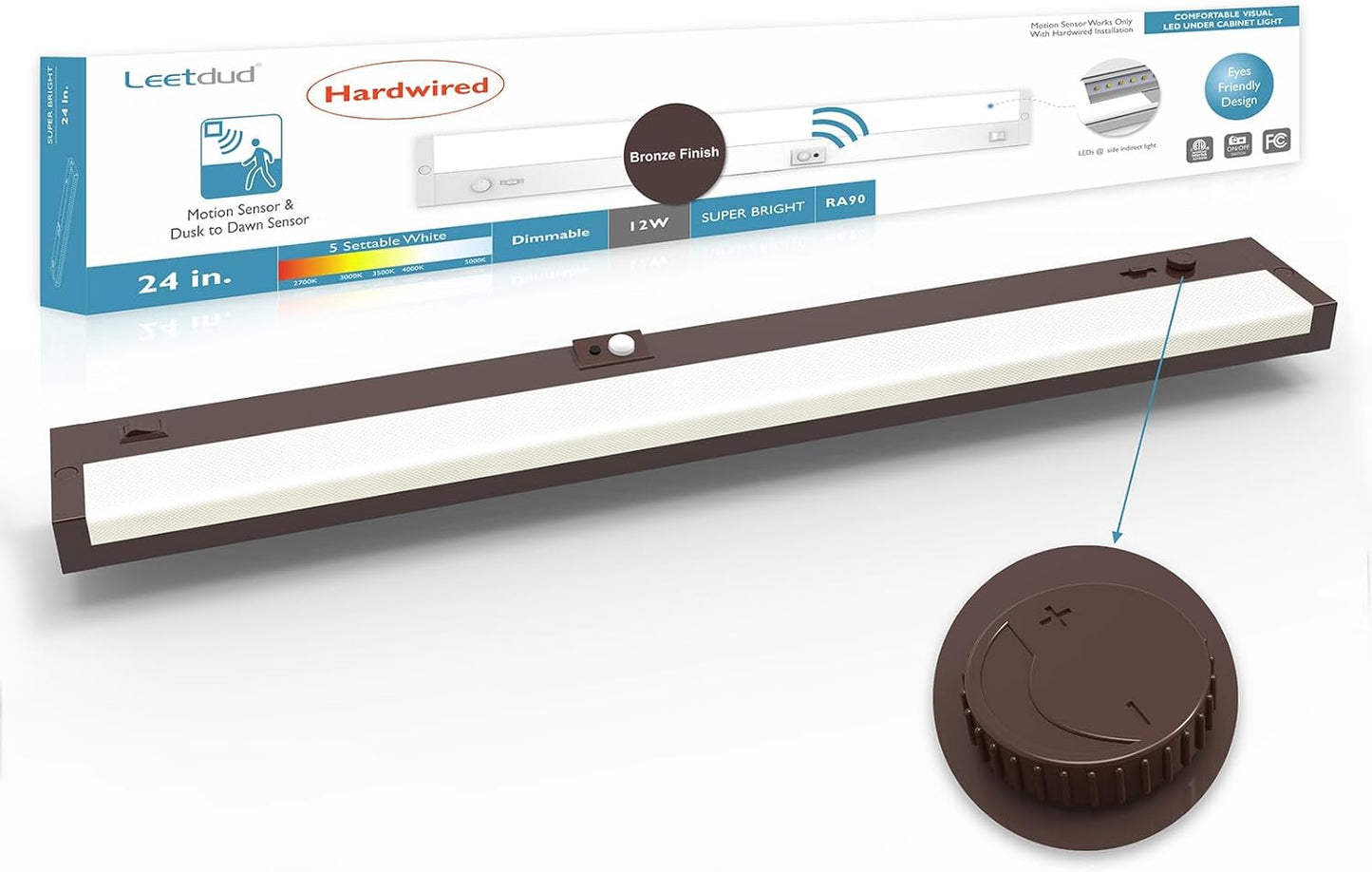 LED Under Cabinet Lighting Motion Sensored Hardwired with Built-in Dimmer, 24 Inch 12W Dimmable 5 Color 2700/3000/3500/4000/5000K, Linkable Eyes Care for Kitchen, Counter, ETL Listed, Bronze