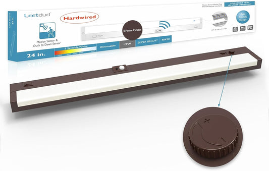 LED Under Cabinet Lighting Motion Sensored Hardwired with Built-in Dimmer, 24 Inch 12W Dimmable 5 Color 2700/3000/3500/4000/5000K, Linkable Eyes Care for Kitchen, Counter, ETL Listed, Bronze