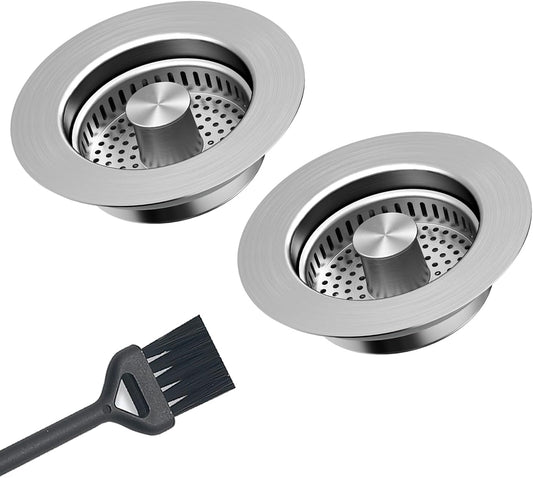 Kitchen Sink Drain Strainer, Pop-up Sink Stoppers, 3 in 1 Sink Drain Strainer, Upgraded Larger Sink Strainer Filter Basket, Cleaning Brush for US Sink Standard 3-1/2 Inch Drain Strainers