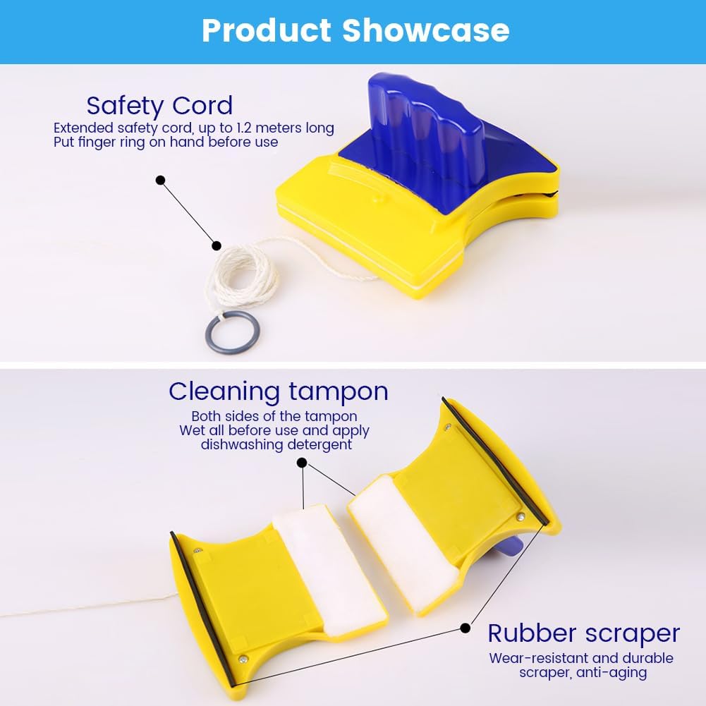 Double Sided Window Cleaner, Double-Sided Magnetic Window Cleaner with 2 Extra Cotton Pads – Easy to Use, Glass Wiper for Home and High-Rise Windows