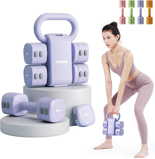 Lightweight Adjustable Dumbbell Kettlebell Set - 4 in 1 Free Weight Set with Kettlebell Grip Converter, Each 2.2 3.3 4.4 5.5lb Quick Change Weight Women Dumbbell Set for Small Spaces Home Gym