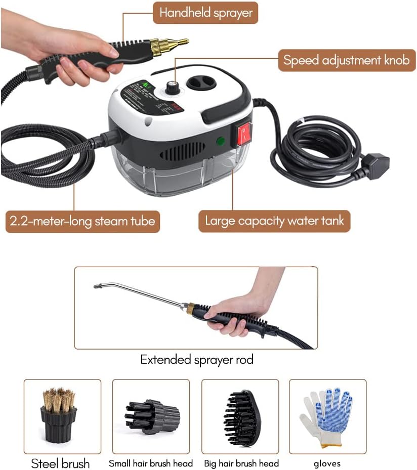 Irishom 2500W Portable Handheld Steam Cleaner High Temperature Pressurized Steam Cleaning Machine with Brush Heads and Gloves for Kitchen Furniture Bathroom Car