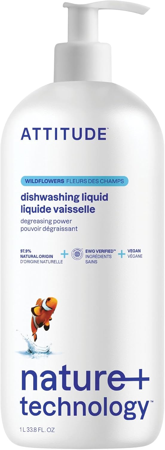 ATTITUDE Dish Soap, EWG Verified, Plant-Based & Vegan Dishwashing Liquid, Naturally Derived, Wildflowers Scent, 33.8 Fl Oz