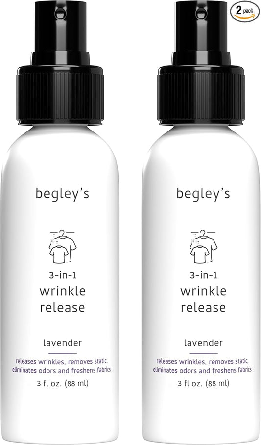 Begley's 3-in-1 Wrinkle Remover, Quick Fix Wrinkle Release, Static Cling Remover, Odor Eliminator and Fabric Refresher Spray - USDA Certified Biobased - Lavender, 3 oz Travel Size
