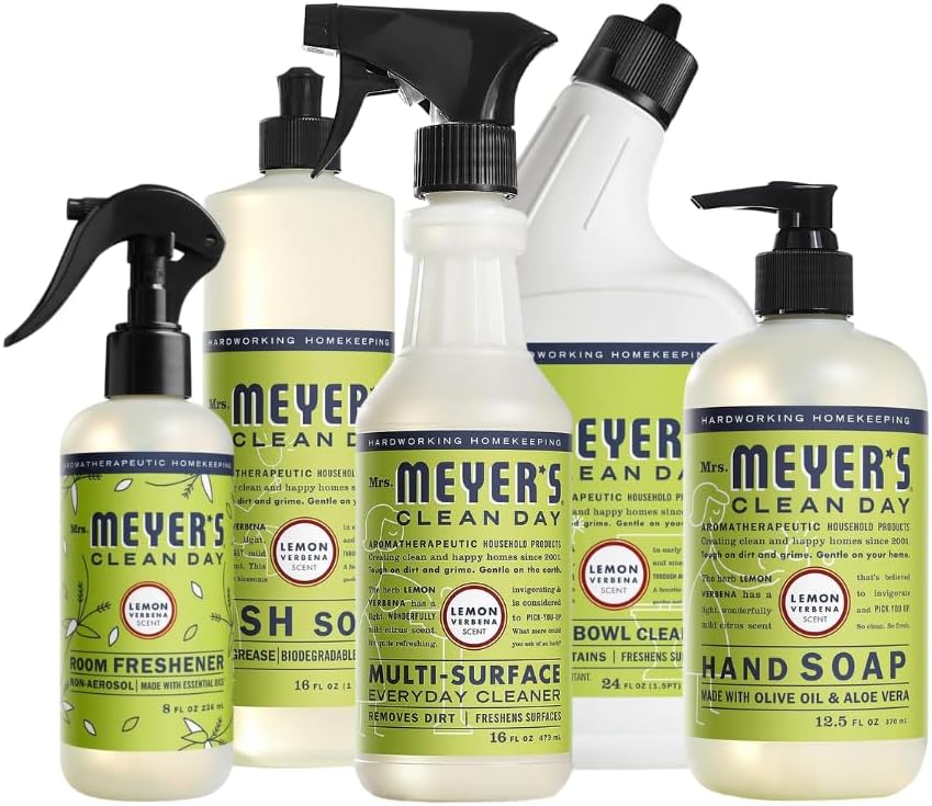 Mrs. MEYER'S Clean Day, Room Freshener, Hand Soap, Dish Soap, Multi-Surface Cleaner & Toilet Cleaner, Lemon Verbena, Variety Pack