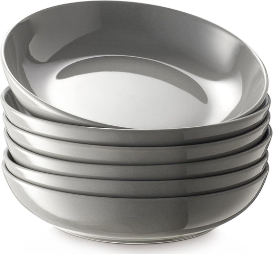 Y YHY 8.5'' Pasta Bowls Set of 6, 30oz Large Salad Serving Bowls for Kitchen, Porcelain Wide Shallow Soup Bowl Plates for Dinner, Microwave Dishwasher Safe, Matte Gray