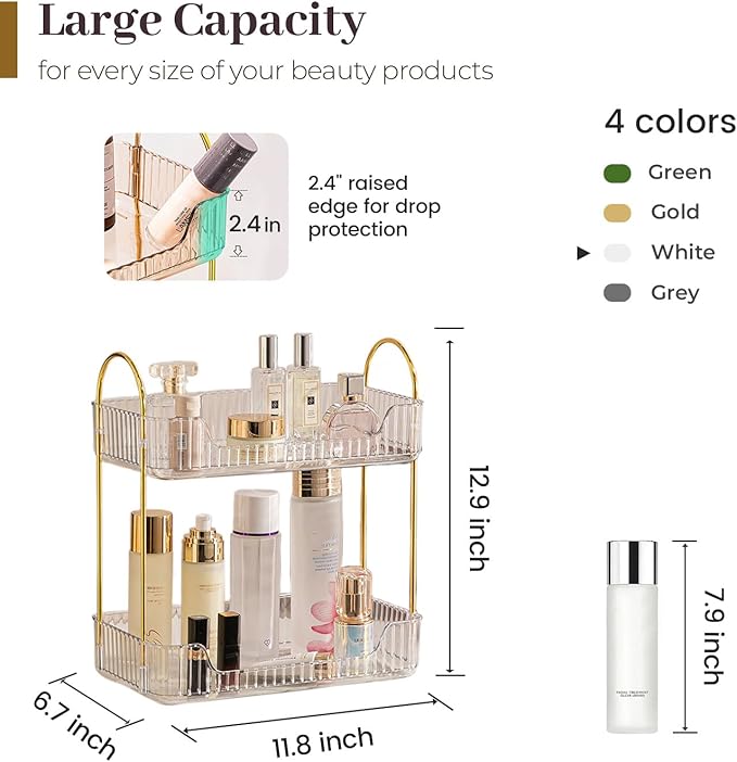 Aveniee Bathroom Counter Organizer, 2 Tier Perfume Skin Care Countertop Storage Shelf, Vanity Makeup Tray for Cosmetic Skincare Lotion,Clear