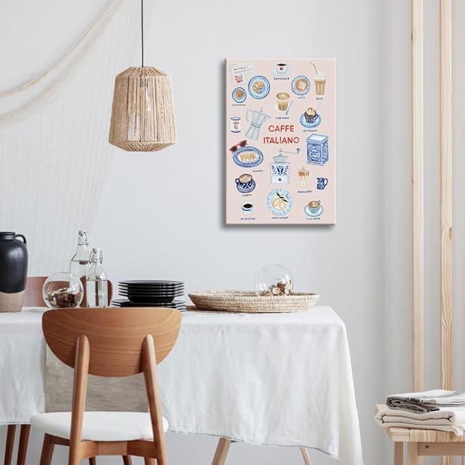 Trendy Espresso Coffee Italiano Wall Art Quirky Food Posters Italian Coffee Chart Canvas Print Painting Minimalism Home Decor Aesthetics Pictures for Kitchen Cafe Station Bar Club 12x16inch Framed