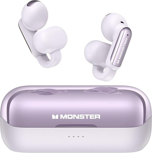 Monster Wireless Earbuds Open AC601, Comfort Clip-On Bluetooth Earbuds, Bluetooth 5.4 Open Ear Buds with Environmental Noise Cancellation, IPX5 Waterproof & Touch Control Wireless Headphones (Purple)