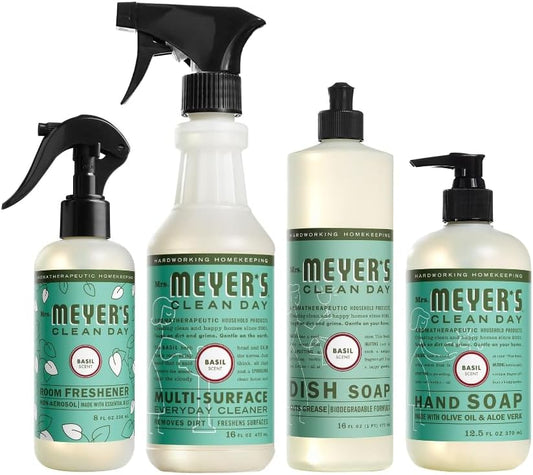 Mrs. MEYER'S Clean Day Basil Scent Variety, 1 Room Freshener 8 OZ, 1 Liquid Dish Soap 16 OZ, 1 Liquid Hand Soap 12.5 OZ, 1 Multi-surface Cleaner 16 OZ, Basil, 1 CT