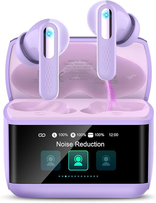 Wireless Earbuds, Bluetooth 5.4 Headphones with Multifunction Touch Screen, 48H Deep Bass Stereo Ear Buds, 5 EQ Modes, ANC/ENC Noise Cancelling, Transparency Mode, IPX7 Earbuds, Purple