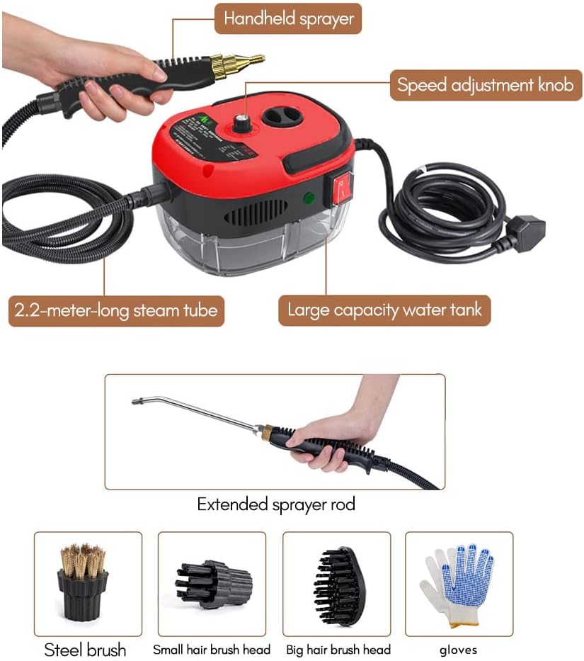 Irishom 2500W Portable Handheld Steam Cleaner High Temperature Pressurized Steam Cleaning Machine with Brush Heads and Gloves for Kitchen Furniture Bathroom Car