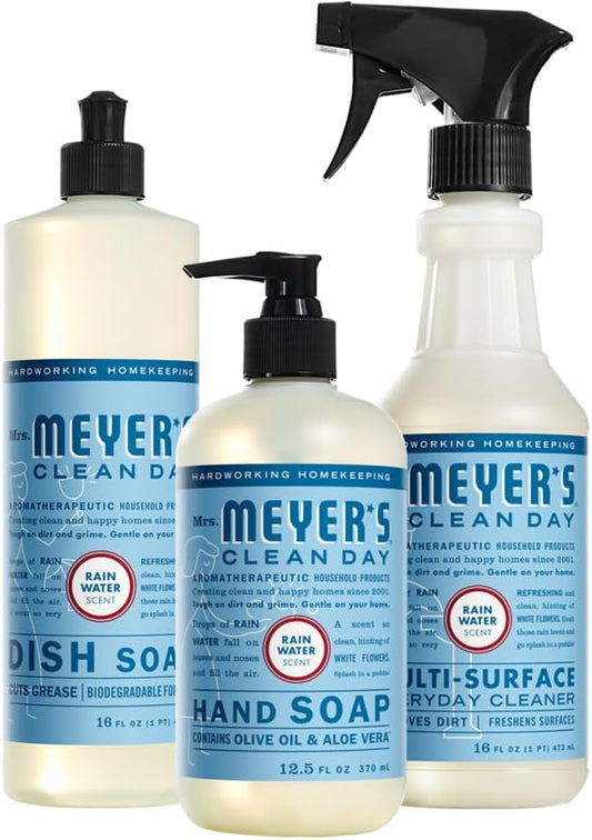 Mrs. MEYER'S CLEAN DAY Kitchen Set, Dish Soap, Hand Soap, Multi-Surface Cleaner, 3 CT (Rain Water)