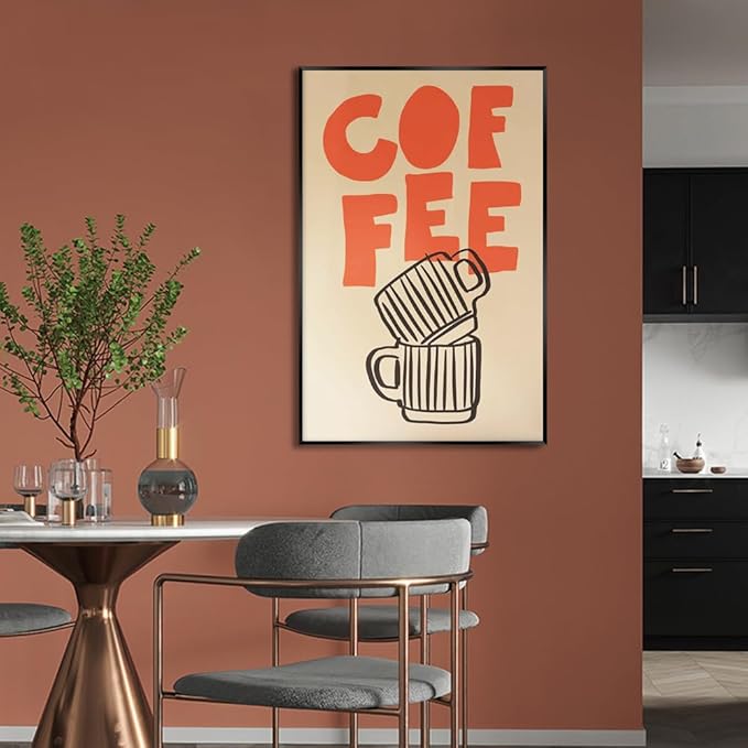 Retro Italian Espresso Coffee Bold Orange Sign Wall Art Stacked Black Stripe Coffee Cups Canvas Print Poster Modern Kitchen Minimalist Line Boho Decor Pictures for Bar Cafe 16x24inch Metal Black Frame