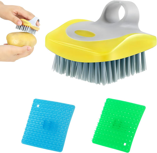 Vegetable Brush Scrubber for Food – 3-Pack Multi-Color Vegetable Brush with Soft & Hard Bristles, Silicone Handle Potato Scrubber, Ergonomic Cleaning Tools for Vegetables with Delicate or Tough Skin