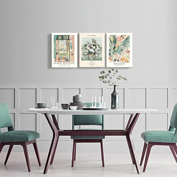 Sage Green Matisse Canvas Wall Art Set of 3 - Van Gogh Floral Pictures Wall Decor, Vintage Artwork Aesthetic Paintings Prints for Living Room Bedroom Bathroom 16x24 inch Framed