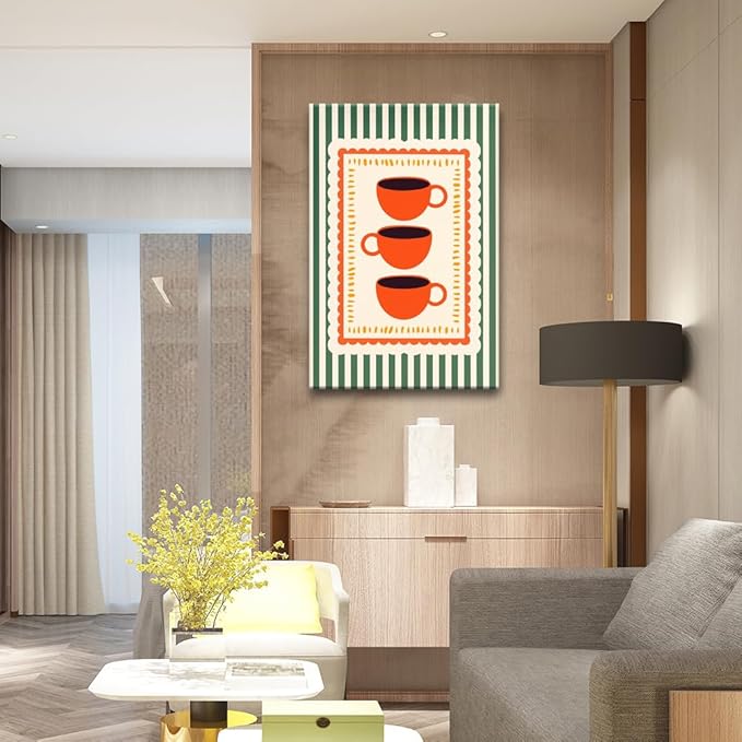Vintage Orange Italian Espresso Coffee Cups Canvas Prints Posters Modern Green Striped Preppy Kitchen Wall Art Retro Colorful Minimalist Drink Aesthetic Pictures Decor for Cafe Bar 12x16inch Unframed