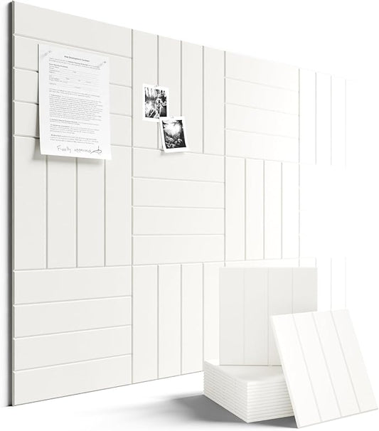 Felt Bulletin Board Tiles Large 48" x 36" Cork Board Alternative-12 Pack with 70 Adhesive Tabs, Thick Slat Wall Panels for Office Decor, Push Pin Board Wall Organizer Alternative-Milky White