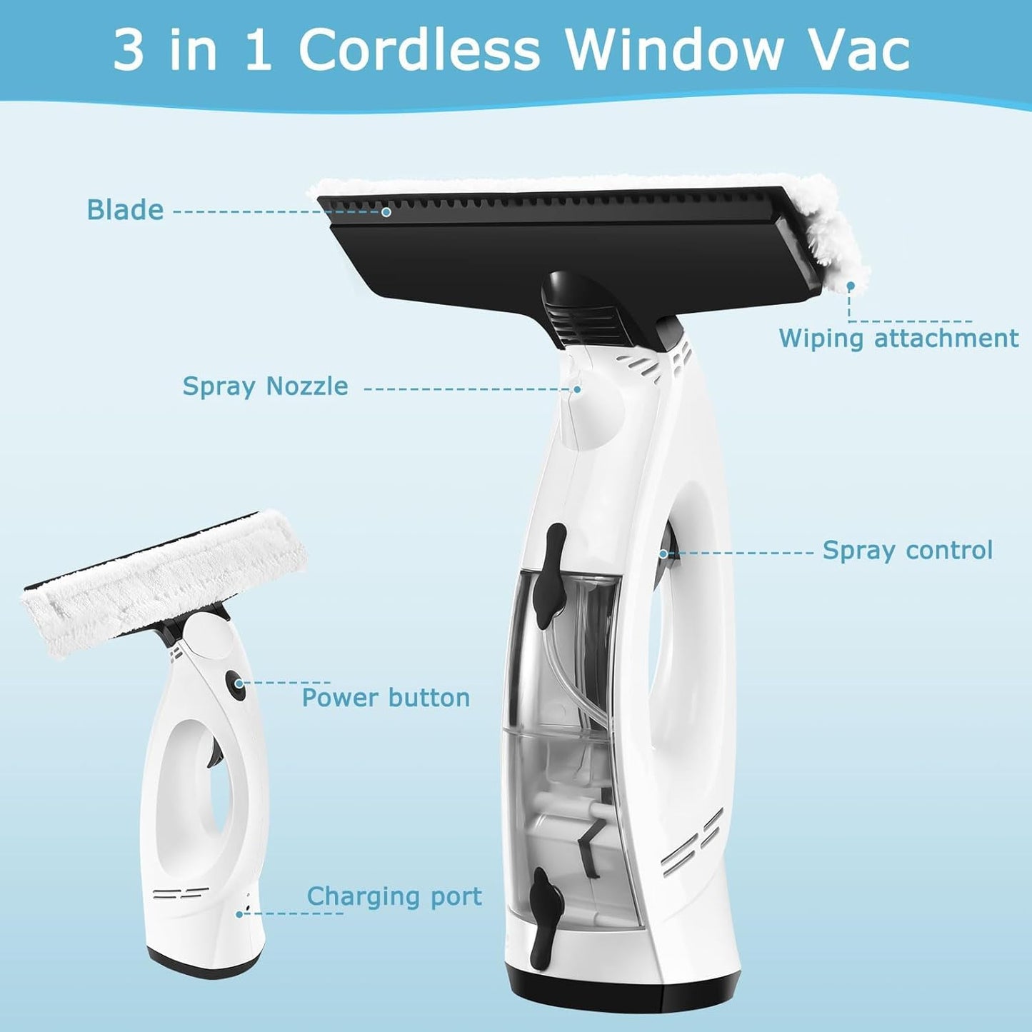 Window Vacuum, Window Vacuum Squeegee, 3 in 1 Cordless Window Vac with Spray/Wipe/Suck up Water,Electric Window Cleaning Tool for Shower Wall Mirror Glass/Car Windshield/Countertop- White
