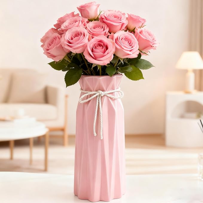 Ceramic Flower Vase Modern Home Decor Vases for Centerpieces Pink Minimalist Farmhouse 9.5" H x 3.9" W Cute Decorative Vases Flowers Tulip Pampas Grass Vase for Table Bathroom Shelf