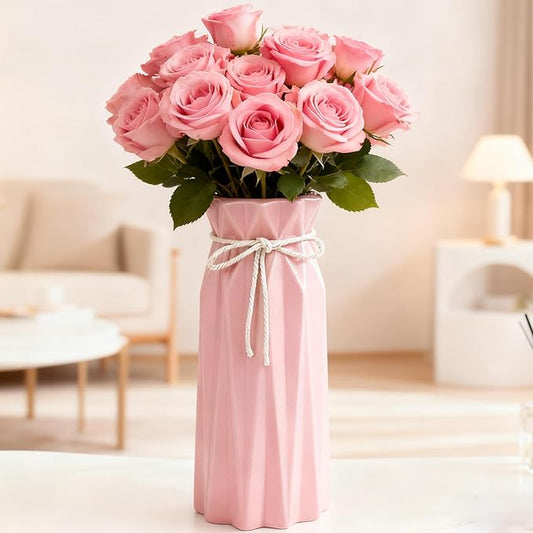 Ceramic Flower Vase Modern Home Decor Vases for Centerpieces Pink Minimalist Farmhouse 9.5" H x 3.9" W Cute Decorative Vases Flowers Tulip Pampas Grass Vase for Table Bathroom Shelf