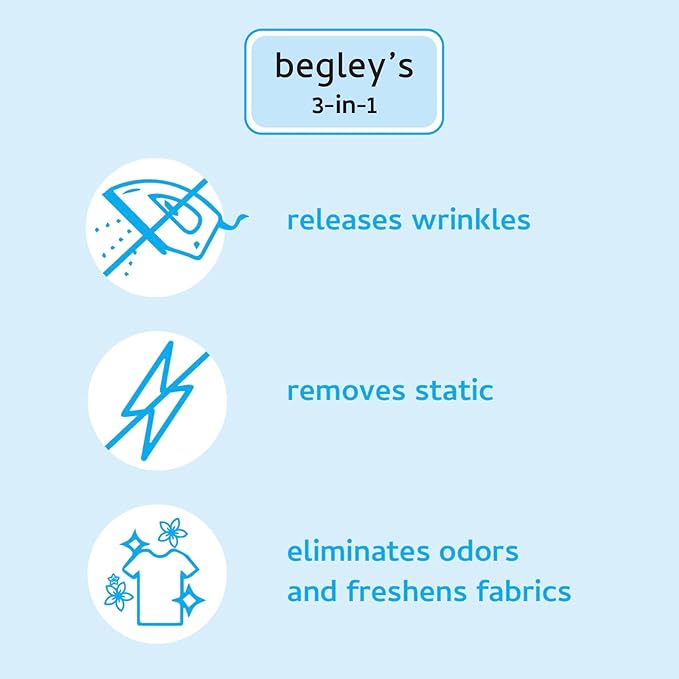 Begley's 3-in-1 Wrinkle Remover, Quick Fix Wrinkle Release, Static Cling Remover, Odor Eliminator and Fabric Refresher Spray - USDA Certified Biobased - Fragrance-Free, 3 oz Travel Size