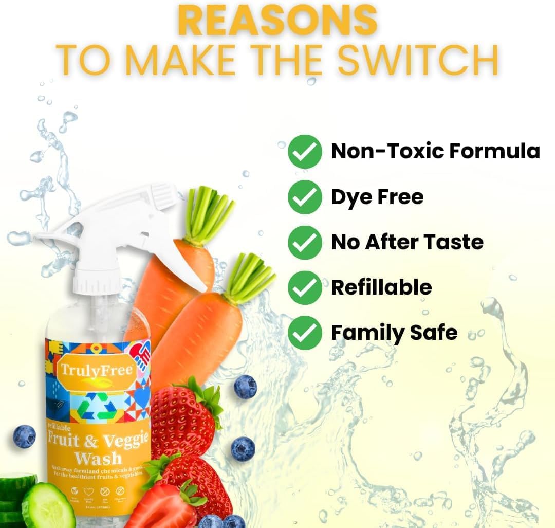 Truly Free Fruit and Vegetable Wash Refills | Veggie Wash Removes 99% Dirt & Wax | Plant-Based Produce Cleaner Spray | No Aftertaste, Made in USA | Fragrance-Free, 16oz (Pack of 3)