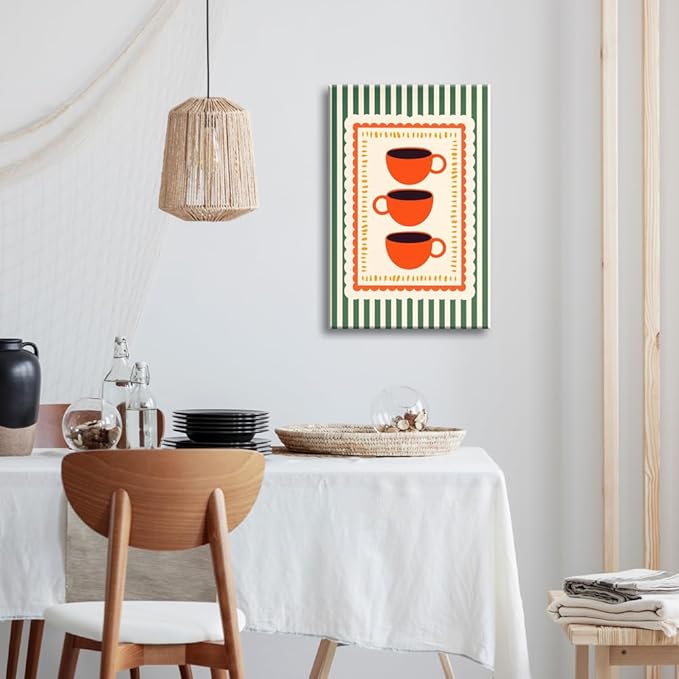 Vintage Orange Italian Espresso Coffee Cups Canvas Prints Posters Modern Green Striped Preppy Kitchen Wall Art Retro Colorful Minimalist Drink Aesthetic Pictures Decor for Cafe Bar 12x16inch Unframed