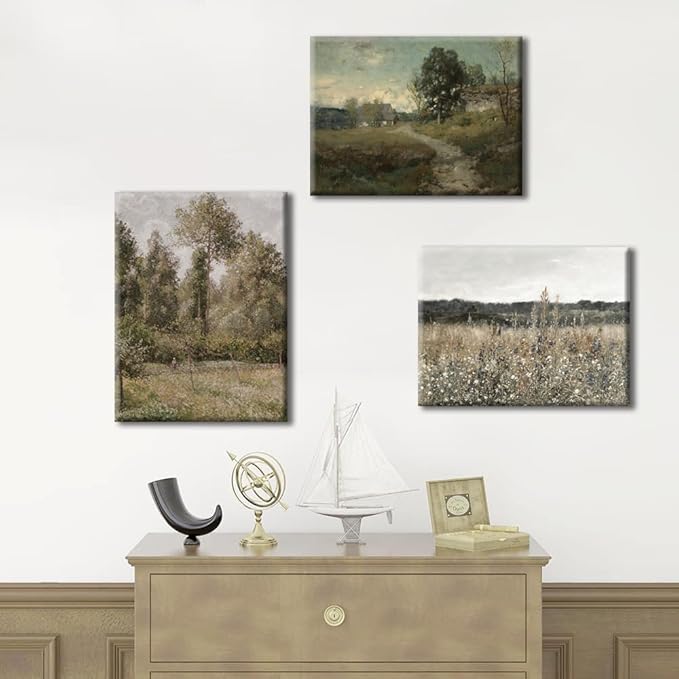 Vintage Landscape Canvas Wall Art Set of 3 - Meadow with Flowers Painting Prints,Rustic Farmhouse Posters Home Decor,Pastoral Outdoor Views Picture for Living Room Bedroom Bathroom 12x16in Framed