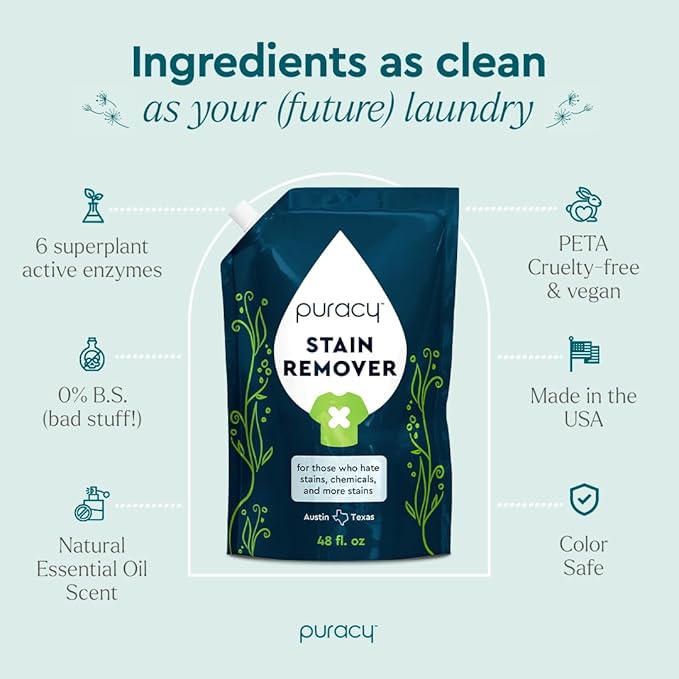 Puracy Stain Remover, Natural Based Travel and Laundry Stain Cleaner for Clothes, Baby Essentials, Kids Stains, Oil and Fabric Spot Cleaner, Unscented (Stain Remover Spray, 48 fl oz)